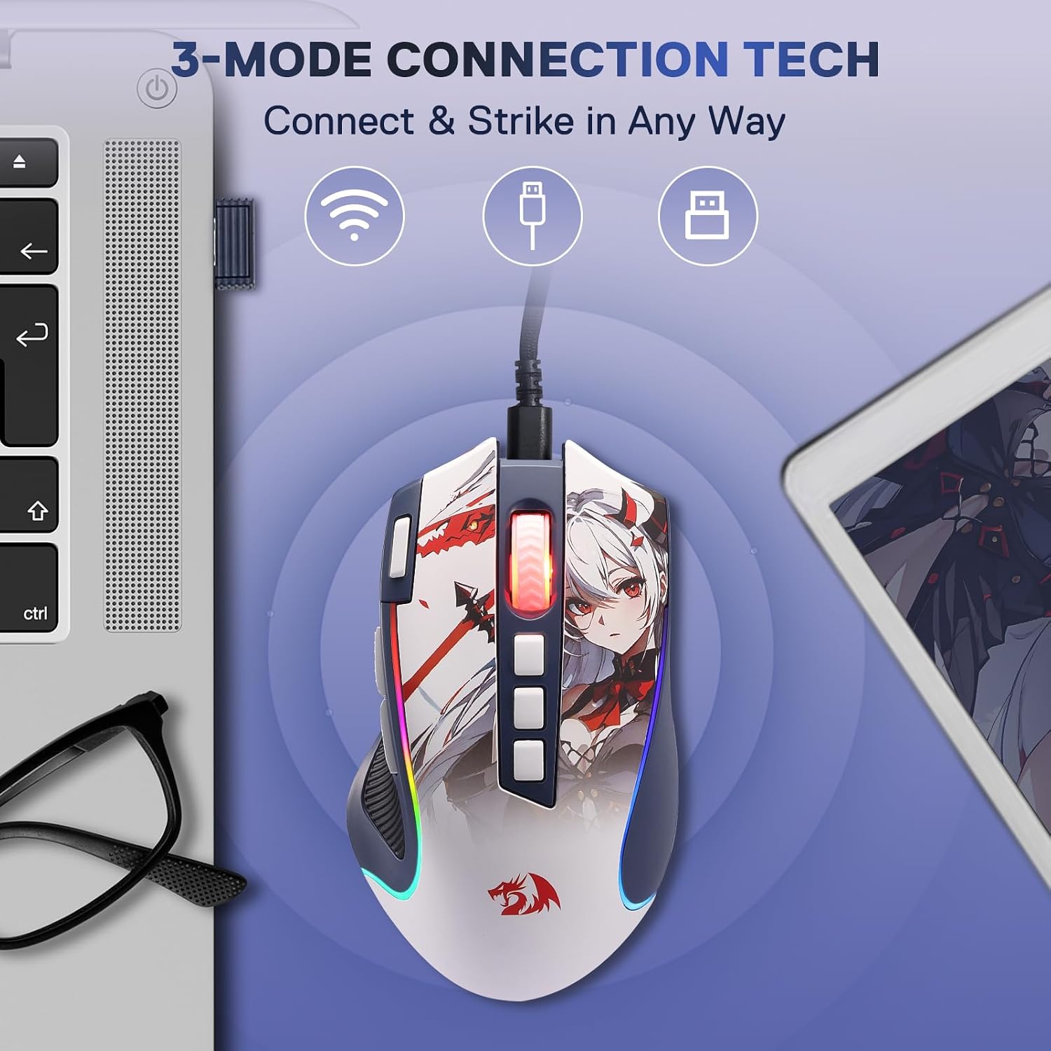 Detalle de Redragon M612AK PRO RGB-Gaming-Maus (kabellos per BT & 2,4 GHz, 8000 DPI, 9 programmierbare Tasten)
