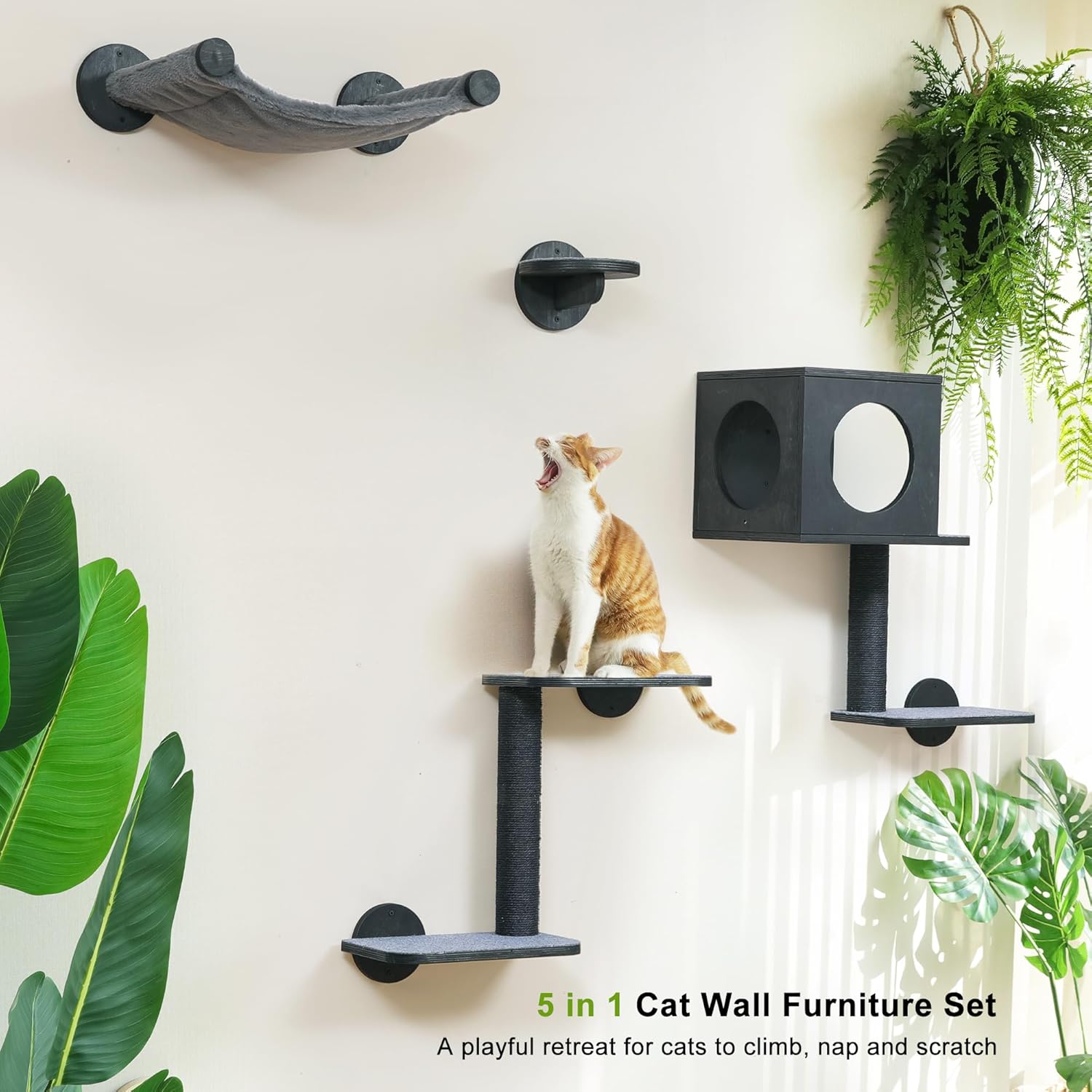Detalle de FUKUMARU 5-Piece Cat Wall Shelves – Stable Wooden Wall-Mounted Furniture Set with Kitty Climber, Hammock, Steps, Scratching Post and Hideaway (Black)