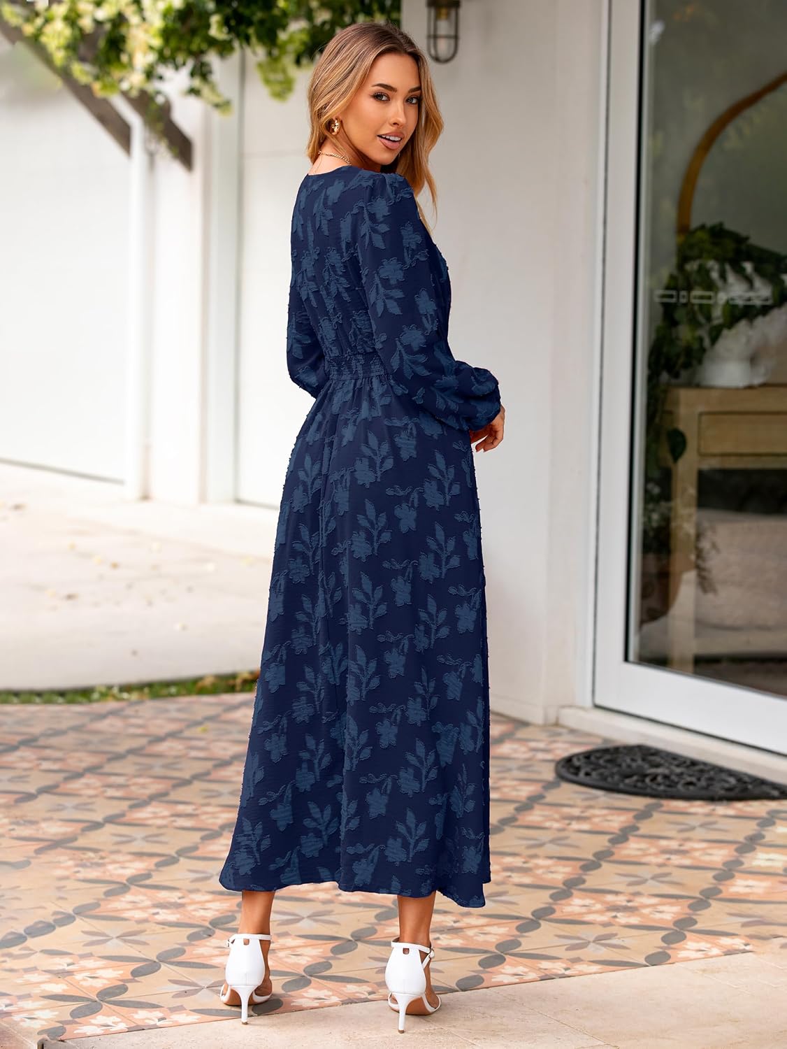 Detalle de Simplee Women's Boho Floral Maxi Dress, Long Sleeve V-Neck with Pockets