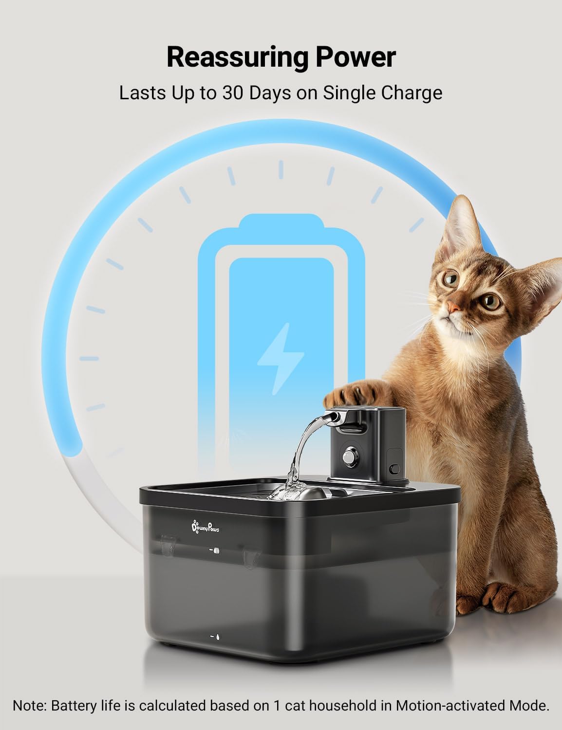 Detalle 2 de DownyPaws Wireless Cat Water Fountain – 2.5L, Battery-Operated, Motion Sensor & Stainless Steel Tray