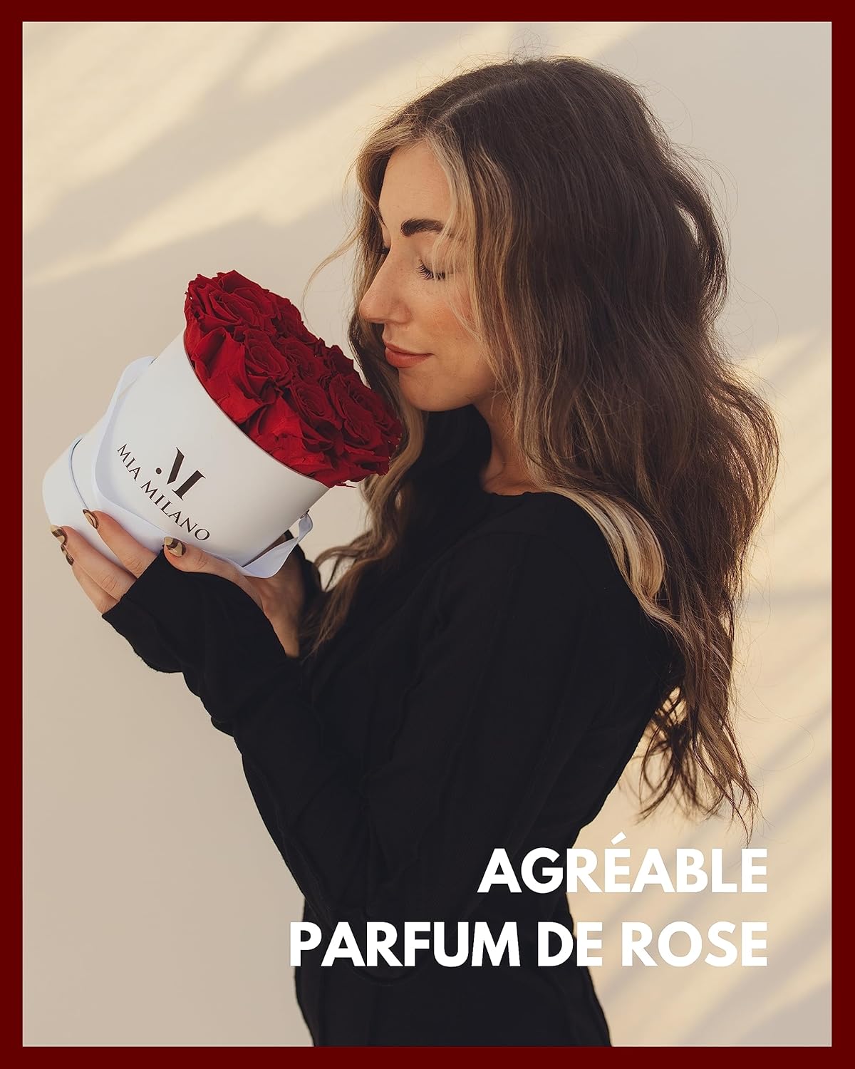 Detalle de Infinity Roses Bordeaux – 9 roses préservées en flowerbox blanche durable, conservation 3 ans