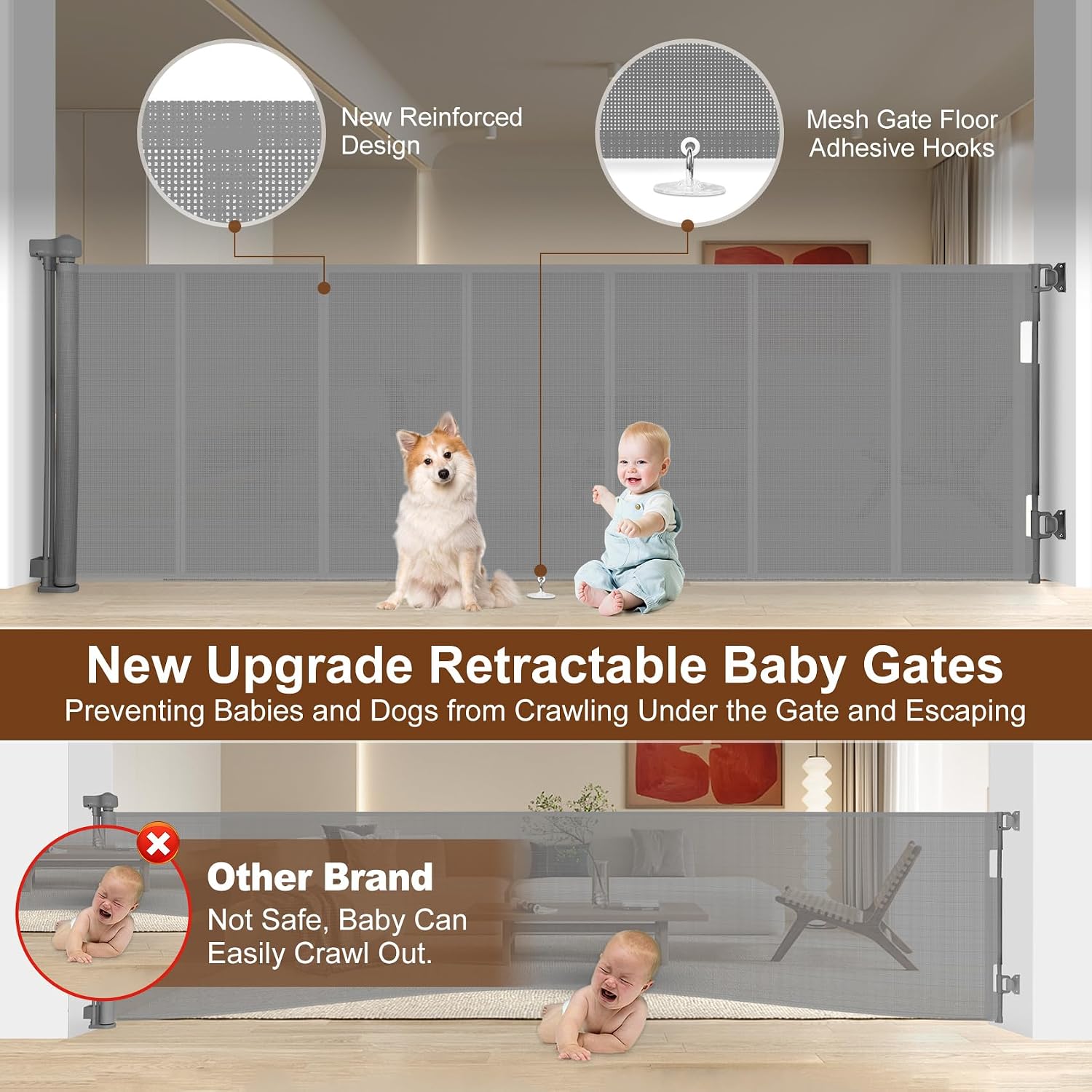 Detalle de Miumoon SH20.006C 150-Inch Retractable Baby Gate, 34-Inch Gray Mesh