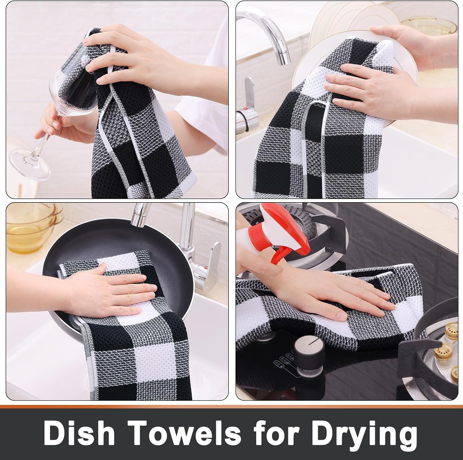 Detalle 2 de Mordimy 100% Cotton Waffle Weave Kitchen Towels (13 x 28 in), Black & White Buffalo Check, 4-Pack