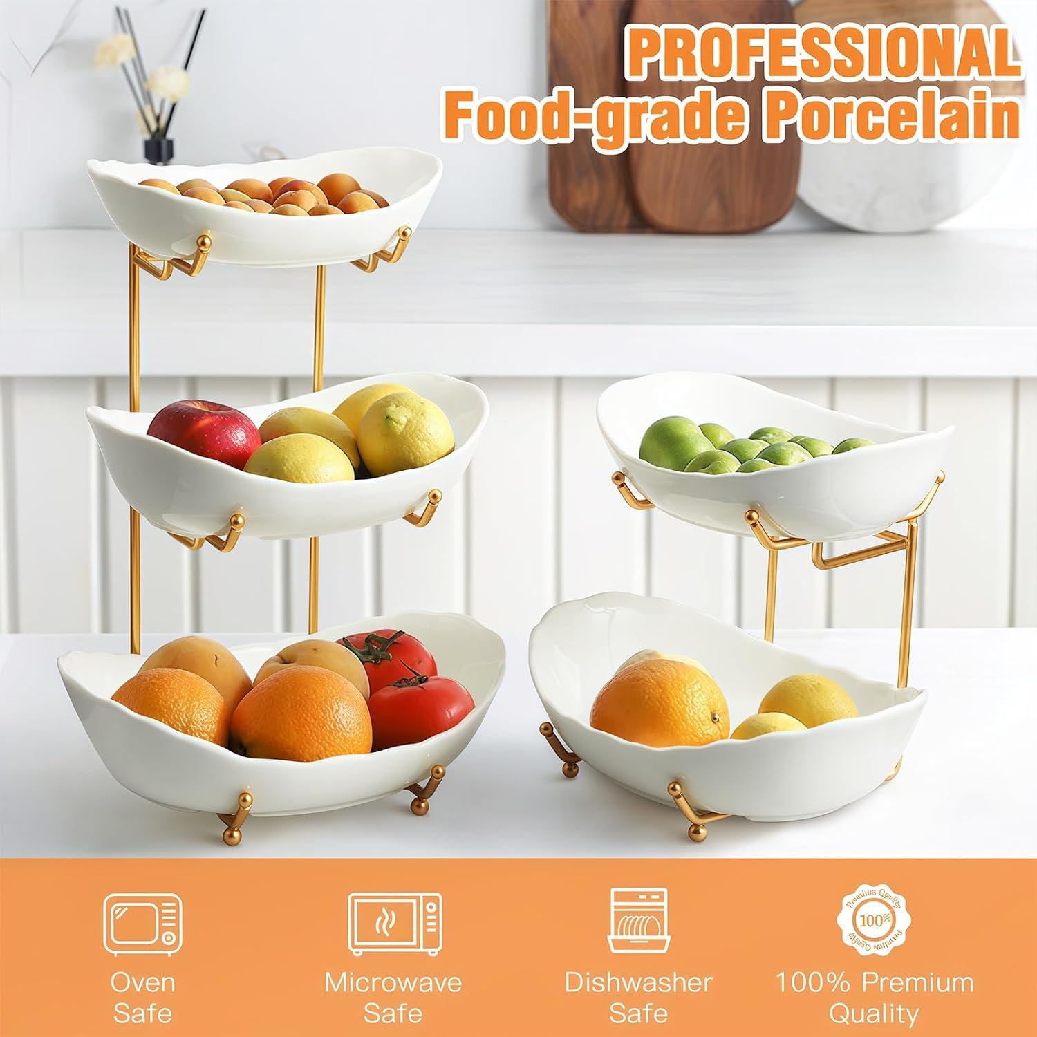 Detalle 2 de HOMKULA 3-Tier Ceramic Fruit Bowl with Gold Metal Stand (Small)