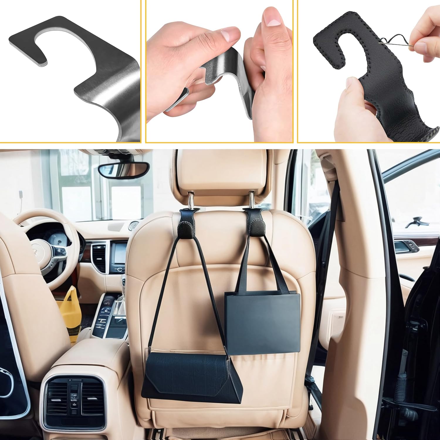 Detalle de EldHus Headrest Hooks for Purses and Bags (2 Pack) – Leather-Wrapped Metal Car Seat Hooks