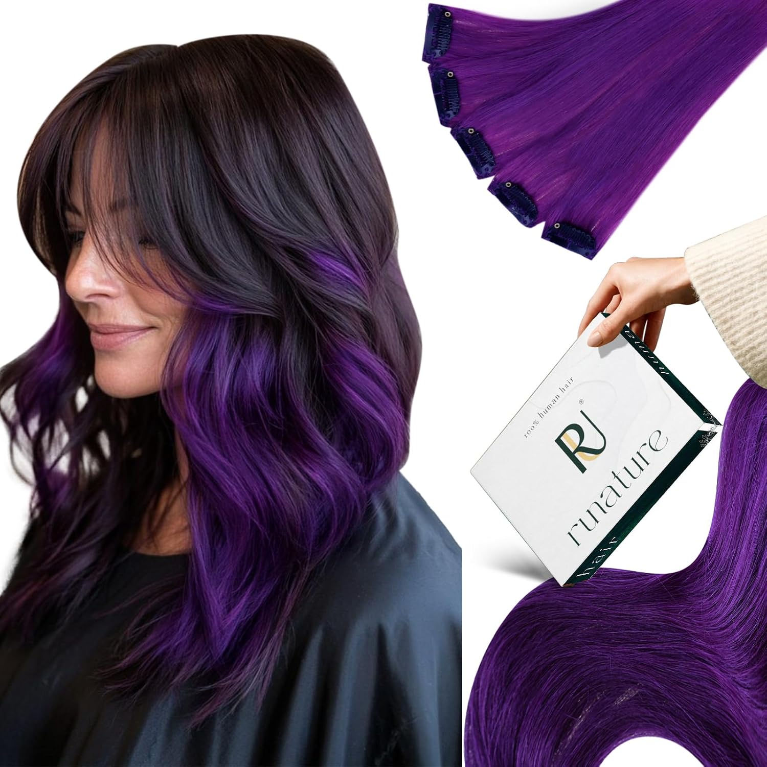 Detalle de RUNATURE Extension Capelli Veri Clip Viola con clip (5 pezzi, 35 cm)