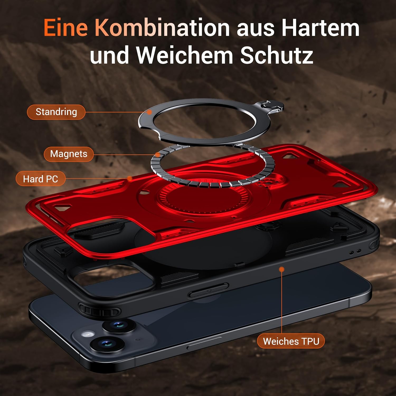 Thumbnail 6 de WYUIC Hülle für iPhone 15 (6,1 Zoll) mit rotierbarem Magnetring-Ständer und Magsafe-Schutz – rot