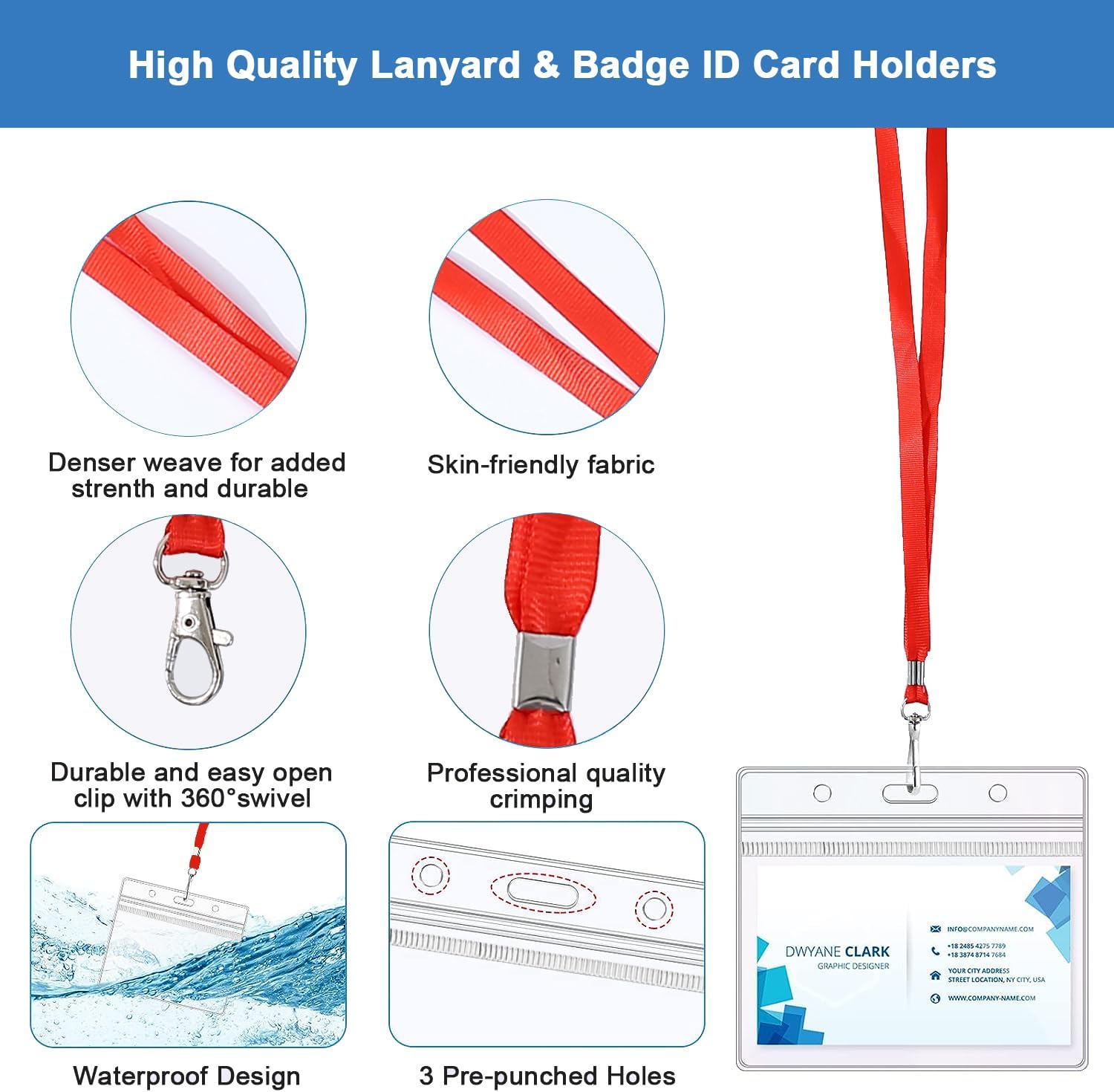 Thumbnail 2 de 50pcs Red Lanyards with Card Holders Set – Durable Nylon Lanyards and Clear PVC Badge Holders