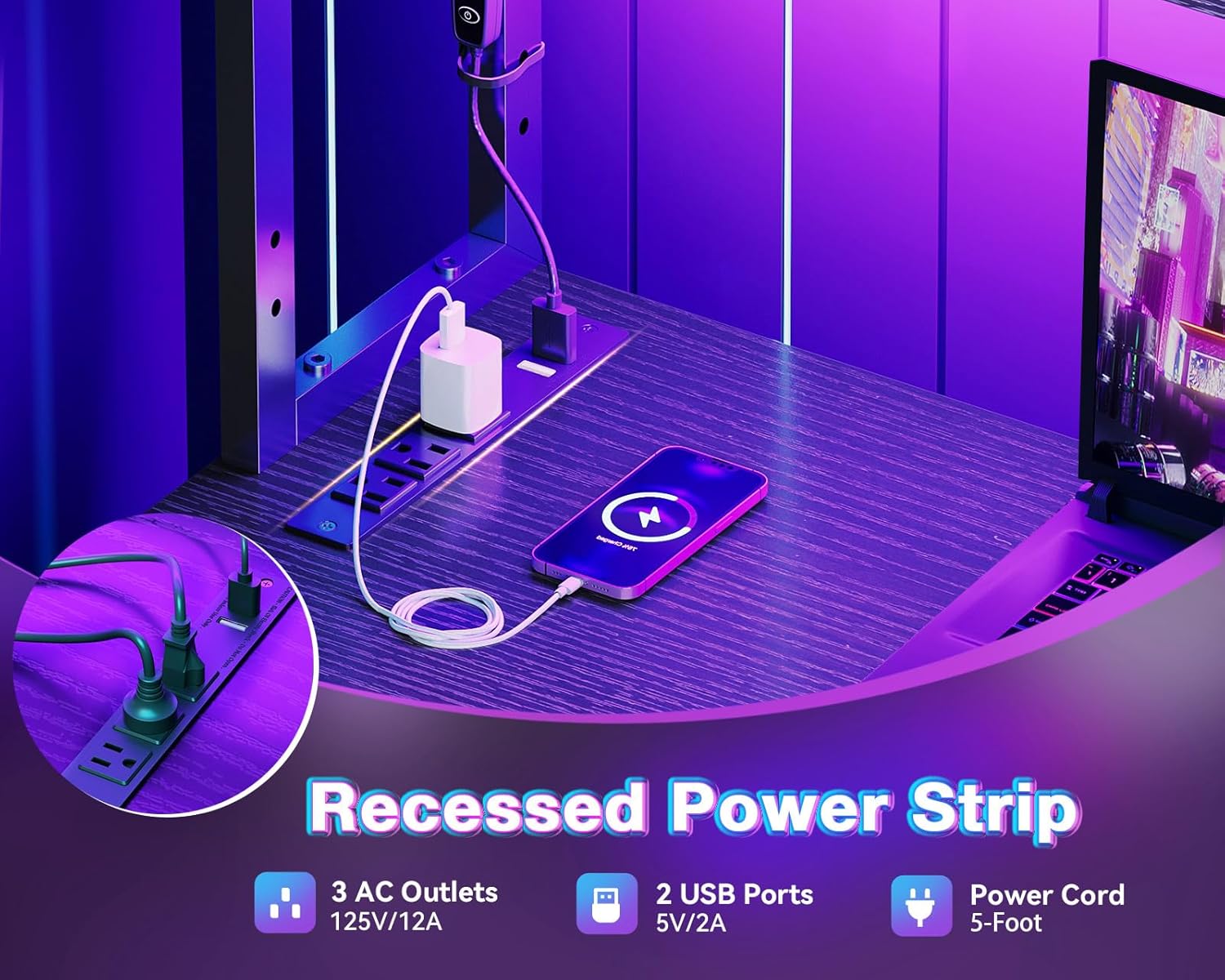 Thumbnail 4 de AODK 43-Inch Reversible L-Shaped Gaming Desk with LED Lights and Power Outlet