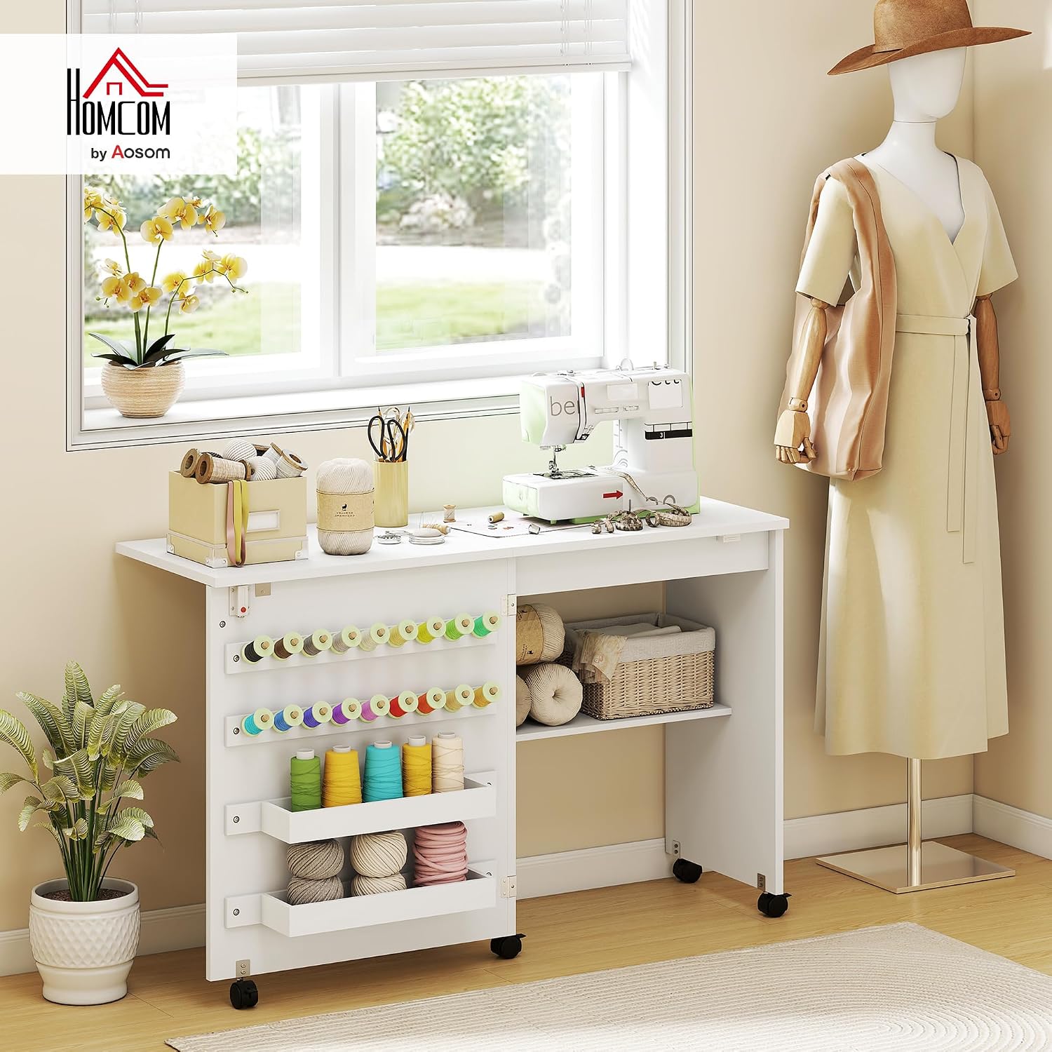 Detalle 2 de HOMCOM L10-005V80WT opvouwbare naaitafel met wielen, opbergruimte en wit blad