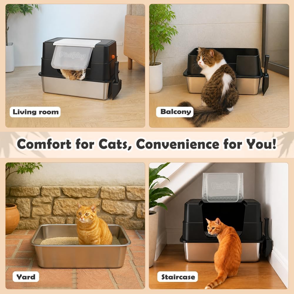 Detalle 2 de Vivifying XL Stainless Steel Cat Litter Box with Lid, Side Entry, Black