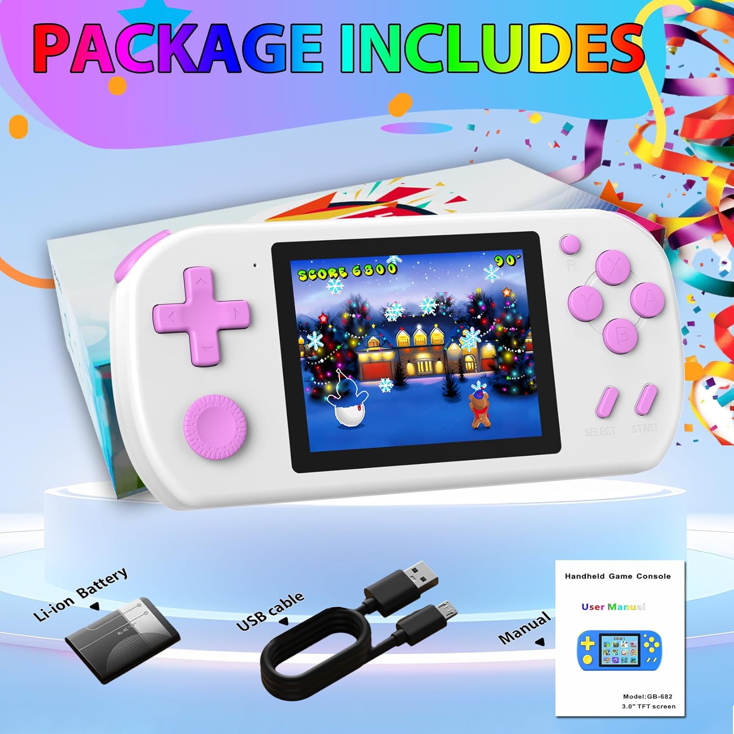 Thumbnail 6 de TEBIYOU Handheld Games for Kids with 3.0" HD Screen and Rechargeable Battery (White) — 218 Built-In Games