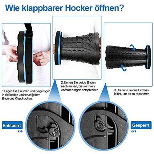 Detalle de Fiqops 2X Tragbarer Klapphocker – verstellbar, belastbar bis 180 kg, kompakt & leicht transportierbar