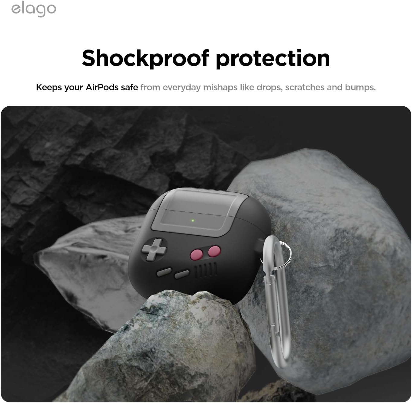 Thumbnail 4 de elago Coque AW5 compatible AirPods 4 (2024) – housse silicone style console de jeu portable rétro noire, avec mousqueton