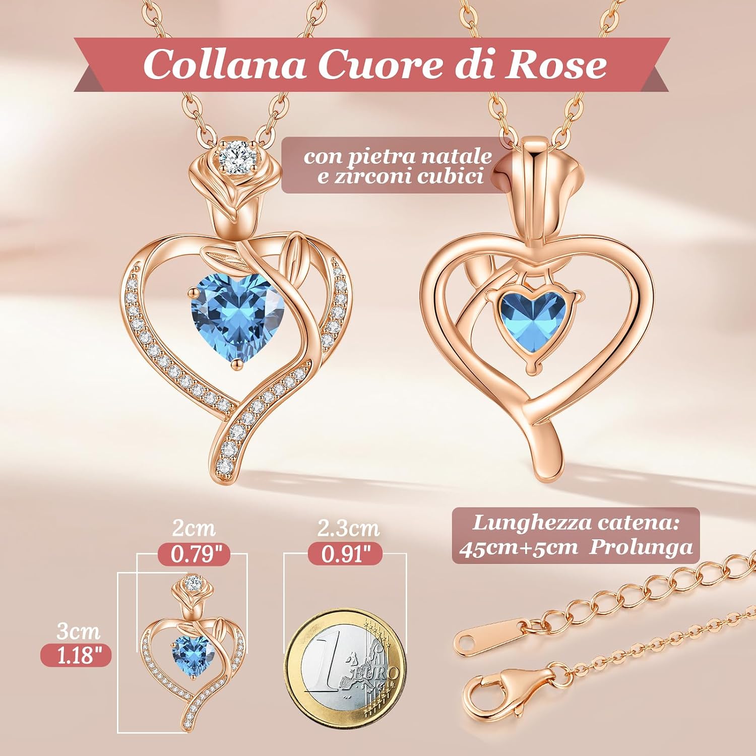 Detalle de CDE Collana Oro Rosa Cuore Pendente Pietra di Nascita – Eleganza romantica e personalizzata
