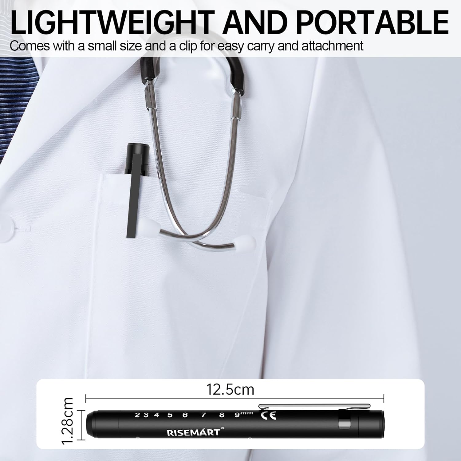 Detalle 2 de RISEMART Pupillenleuchte mit Pupillenmessgerät, Lineal und 2 Farbmodi – USB-wiederaufladbar, schwarz