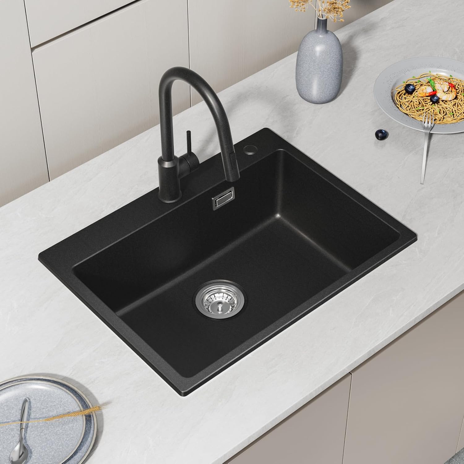 Thumbnail 5 de CECI PA Spülbecken Schwarz Granit 60 x 45 cm mit Siebkorb – Küchenspüle für 60-cm-Unterschränke