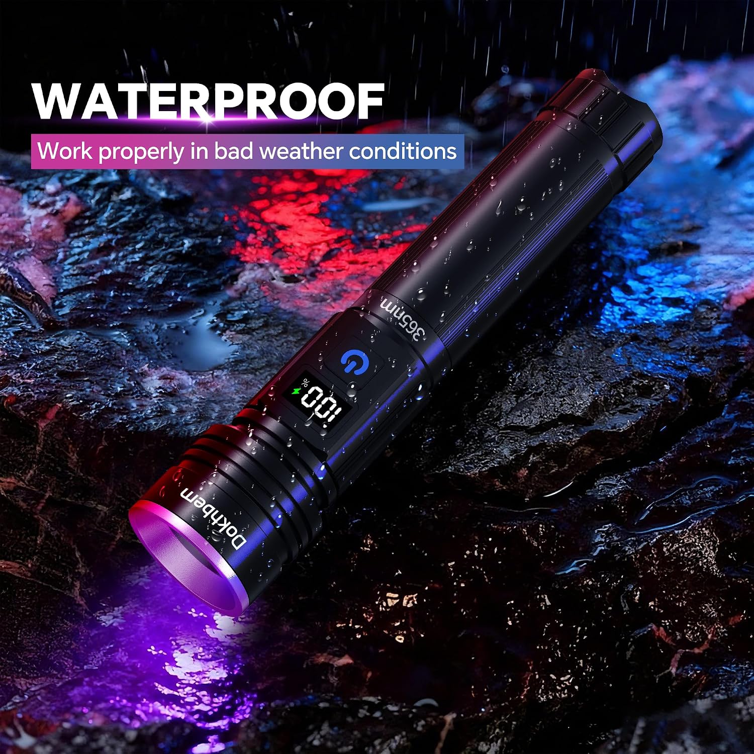 Detalle de Dokhbem 365nm Rechargeable UV Flashlight with LCD Display for Pet Urine Detection & Resin Curing (Black Light, Black)