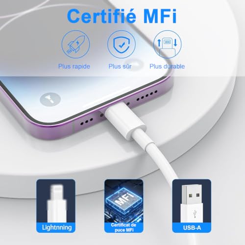 Detalle de BSTOEM Câble iPhone Lightning 1M + 2M certifié MFi — Charge rapide et transmission fiable