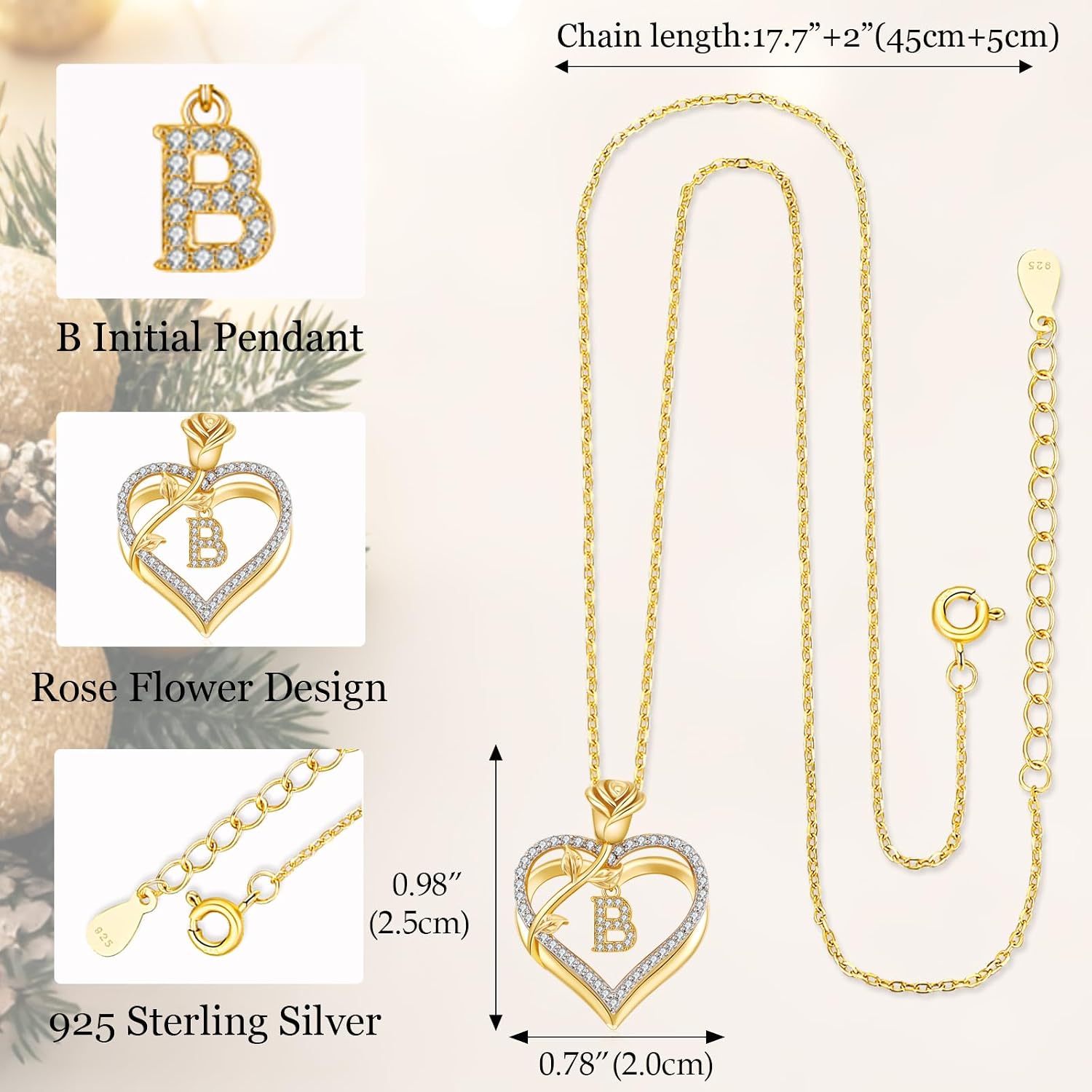 Detalle de Collier femme llyish argent 925 doré initiale A à Z avec double cœur et zirconia