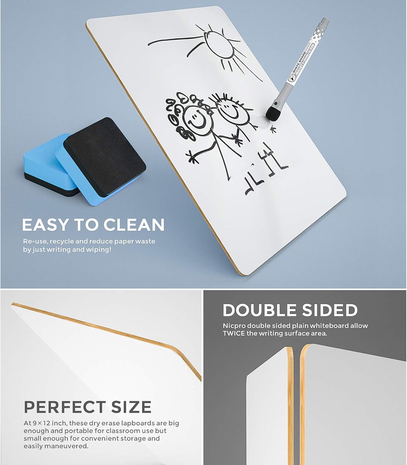 Thumbnail 2 de Nicpro 2 Pack Dry Erase Mini Whiteboards (A4, 22 x 30 cm) with 8 Water-Based Pens and 2 Erasers