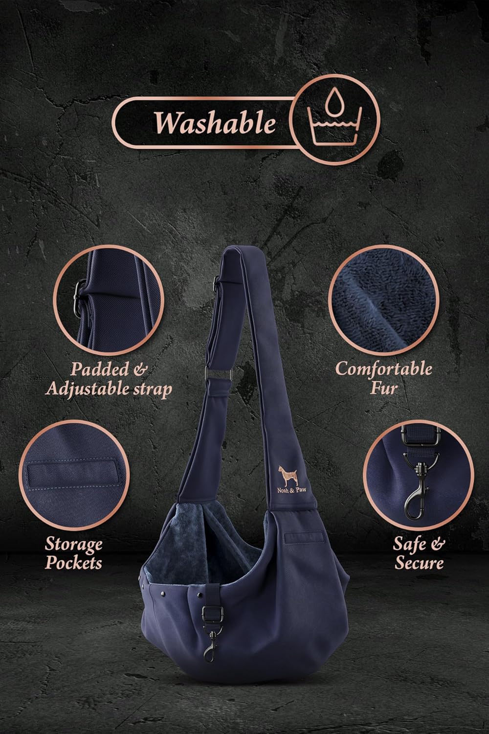Detalle de Noah & Paw dog sling carrier for small dogs (3–10 lb) with adjustable padded strap and double safety