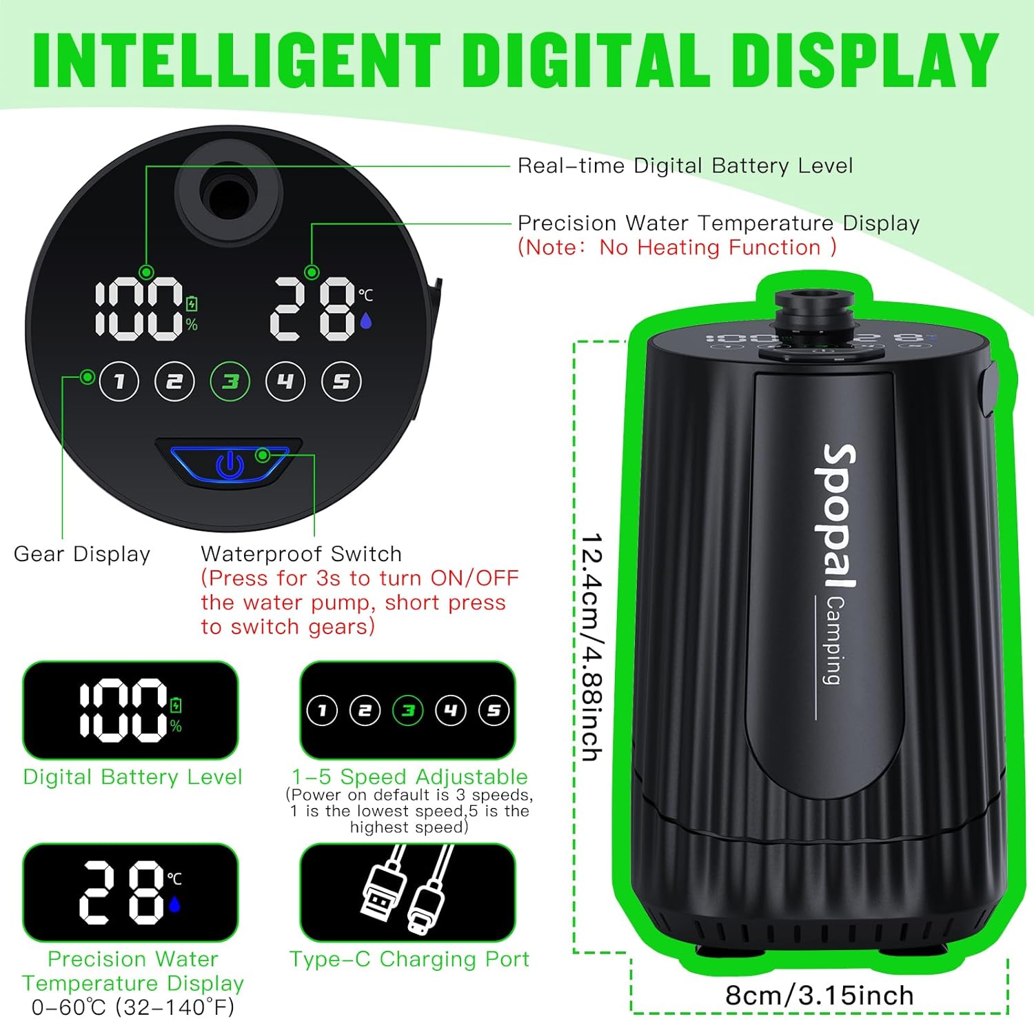 Detalle 2 de Spopal Portable Shower 10000mAh LED display, IPX8