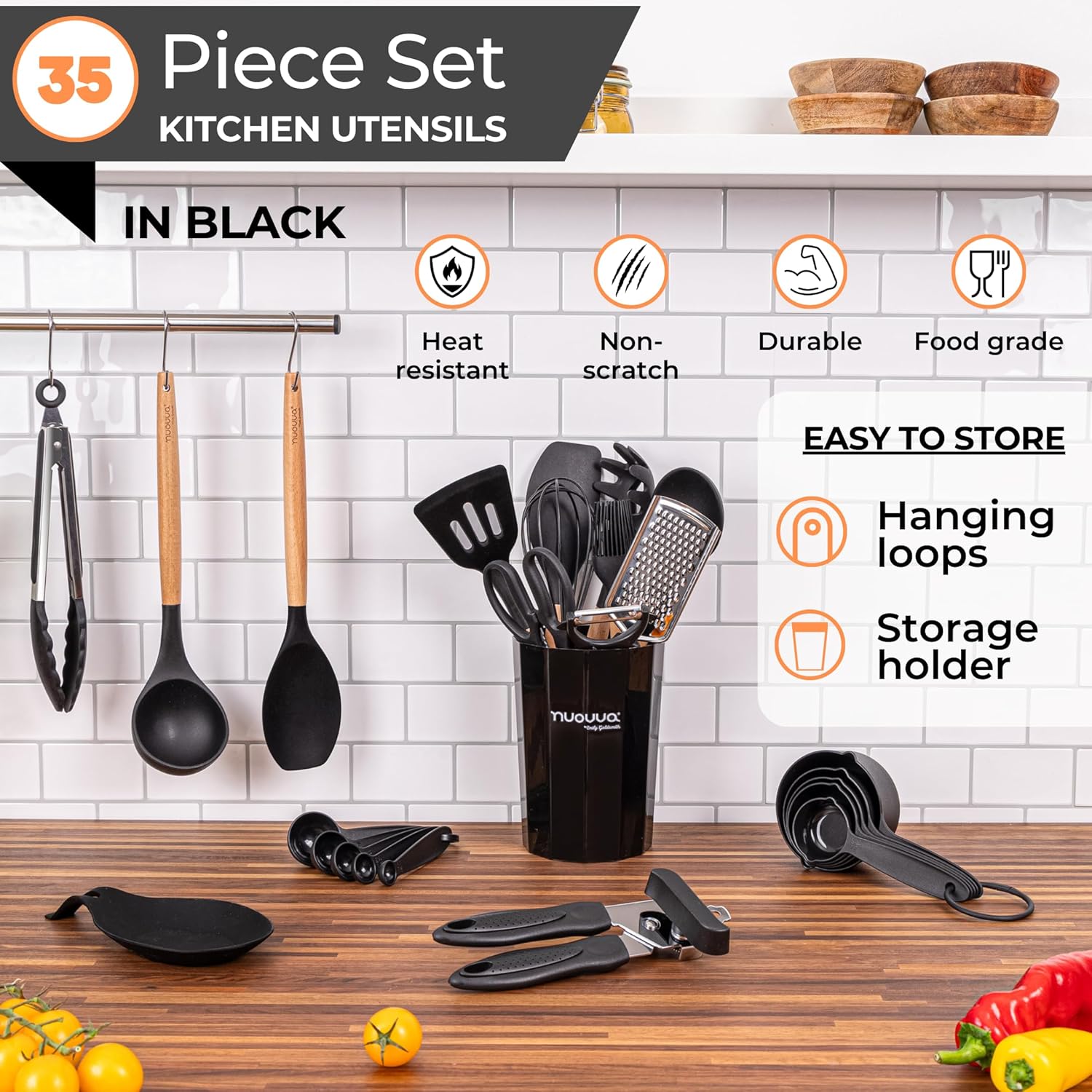 Thumbnail 1 de Nuovva 35pc non-stick silicone cooking utensils set with wooden handles (black)