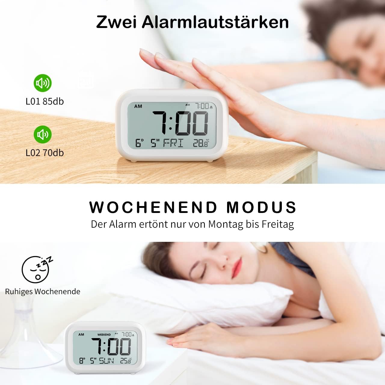Thumbnail 2 de DOOMAY Digital Wecker für Nachttisch – batteriebetriebene LCD-Uhr mit einstellbarer Alarmlautstärke, Snooze & Wochenendmodus