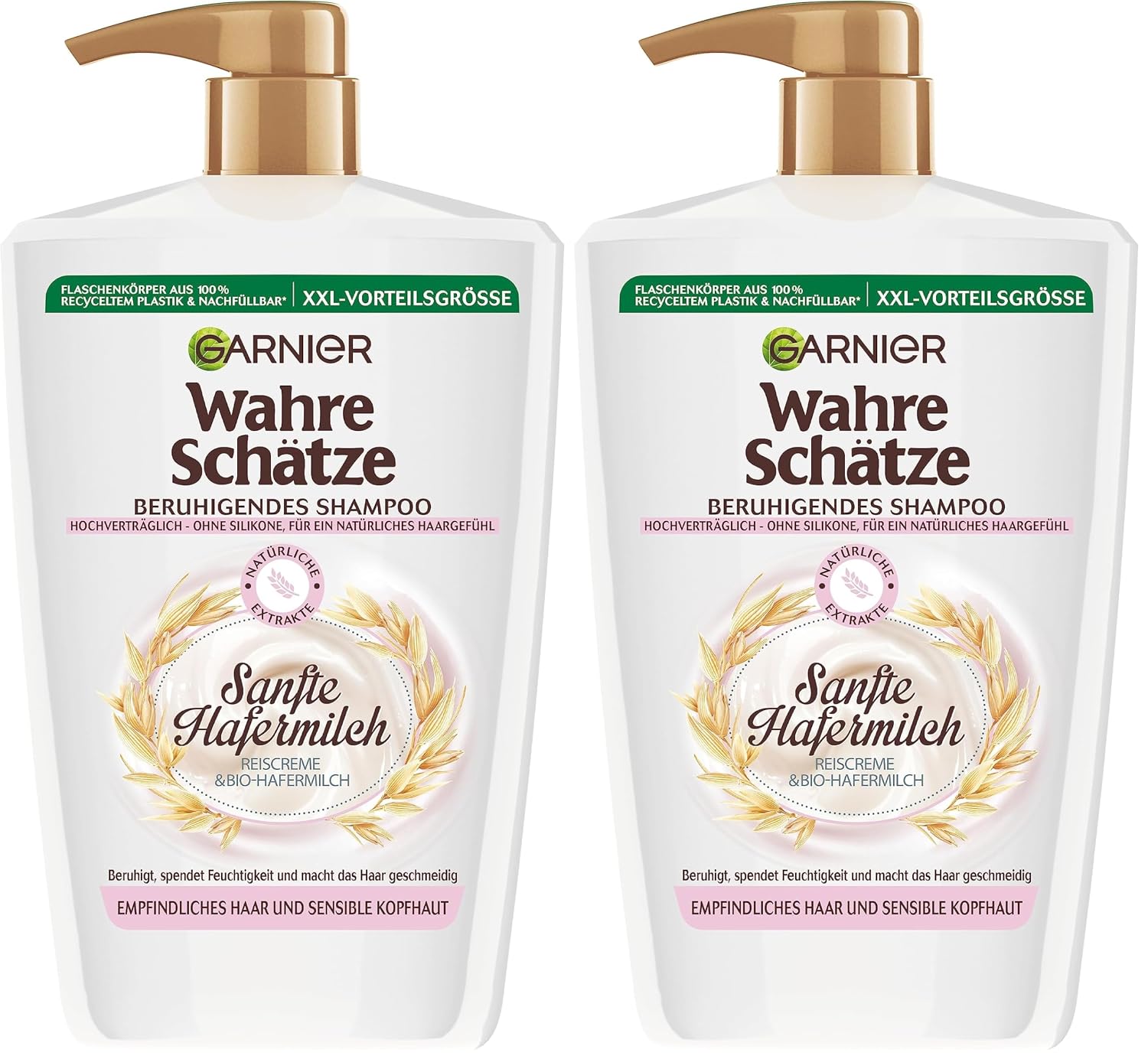 Detalle de Garnier Wahre Schätze Beruhigendes Shampoo mit sanfter Hafermilch (XXL, 1 l) – Packung mit 2 für empfindliche Kopfhaut