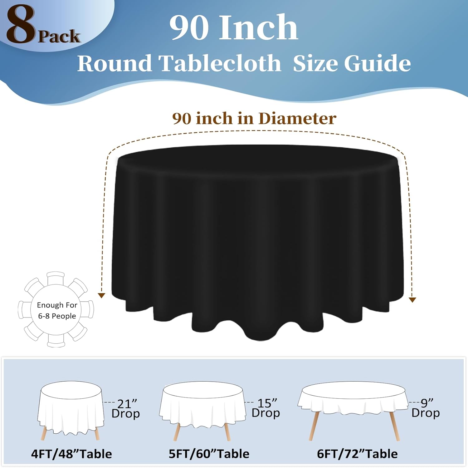 Detalle 2 de 8-Pack 90-Inch Black Round Tablecloths in Washable Polyester (Table Round Cover)