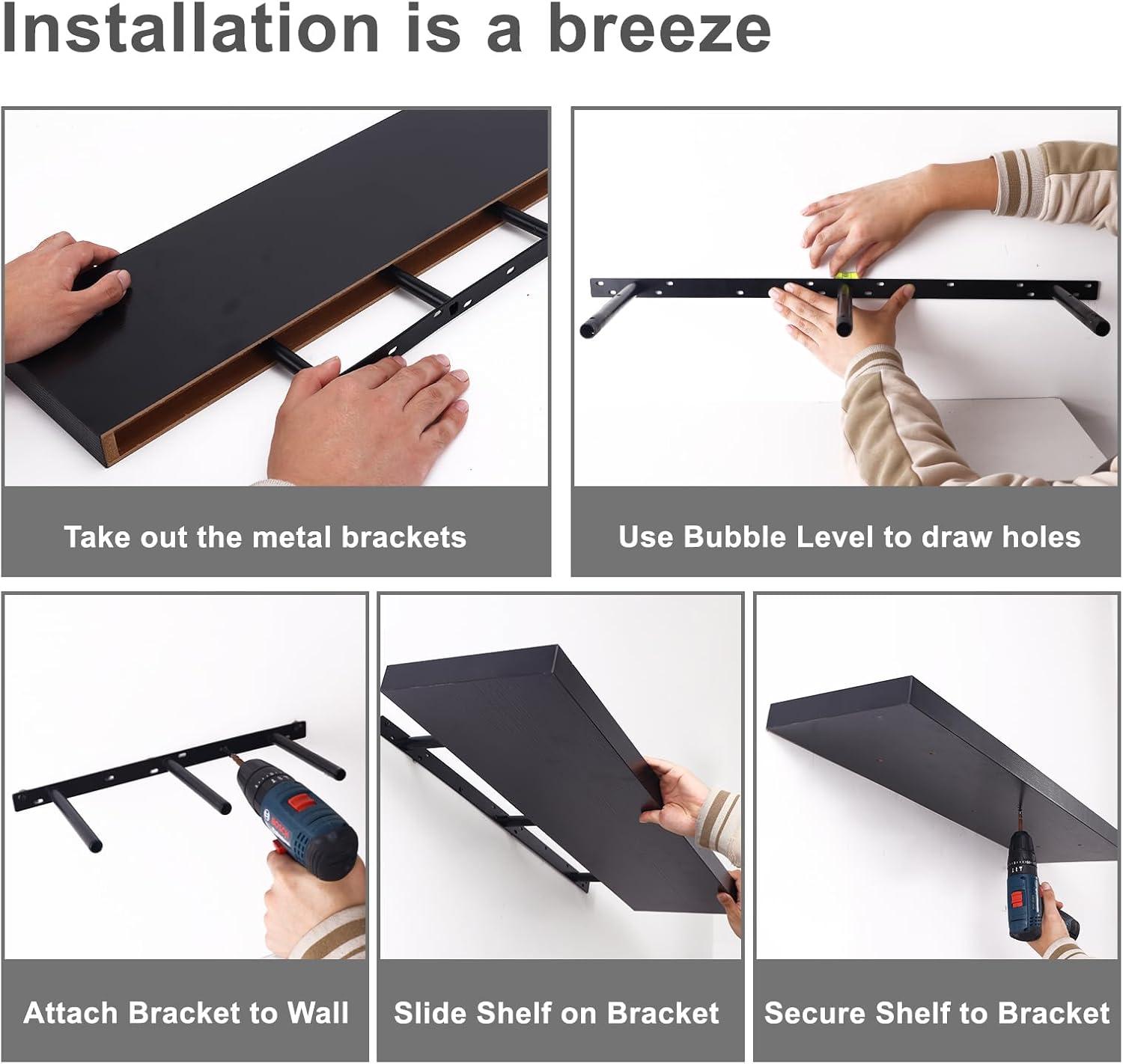 Thumbnail 6 de Fixwal Floating Shelves for Wall (Set of 2) - 35.4" Long Heavy-Duty Black Woodgrain Wall Shelves