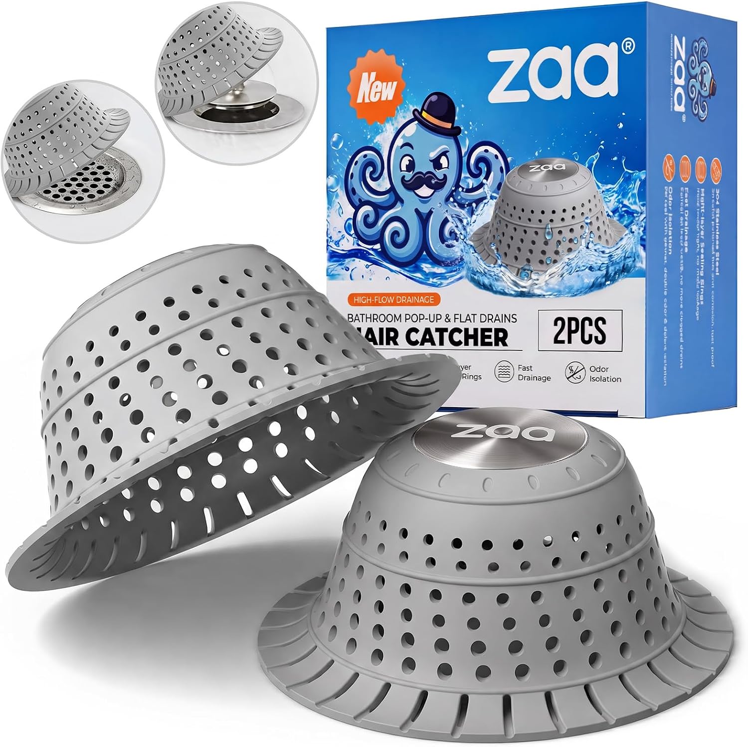 Detalle de zaa DrainHairCatchers Shower Drain Hair Catcher, 2-Pack Gray Silicone