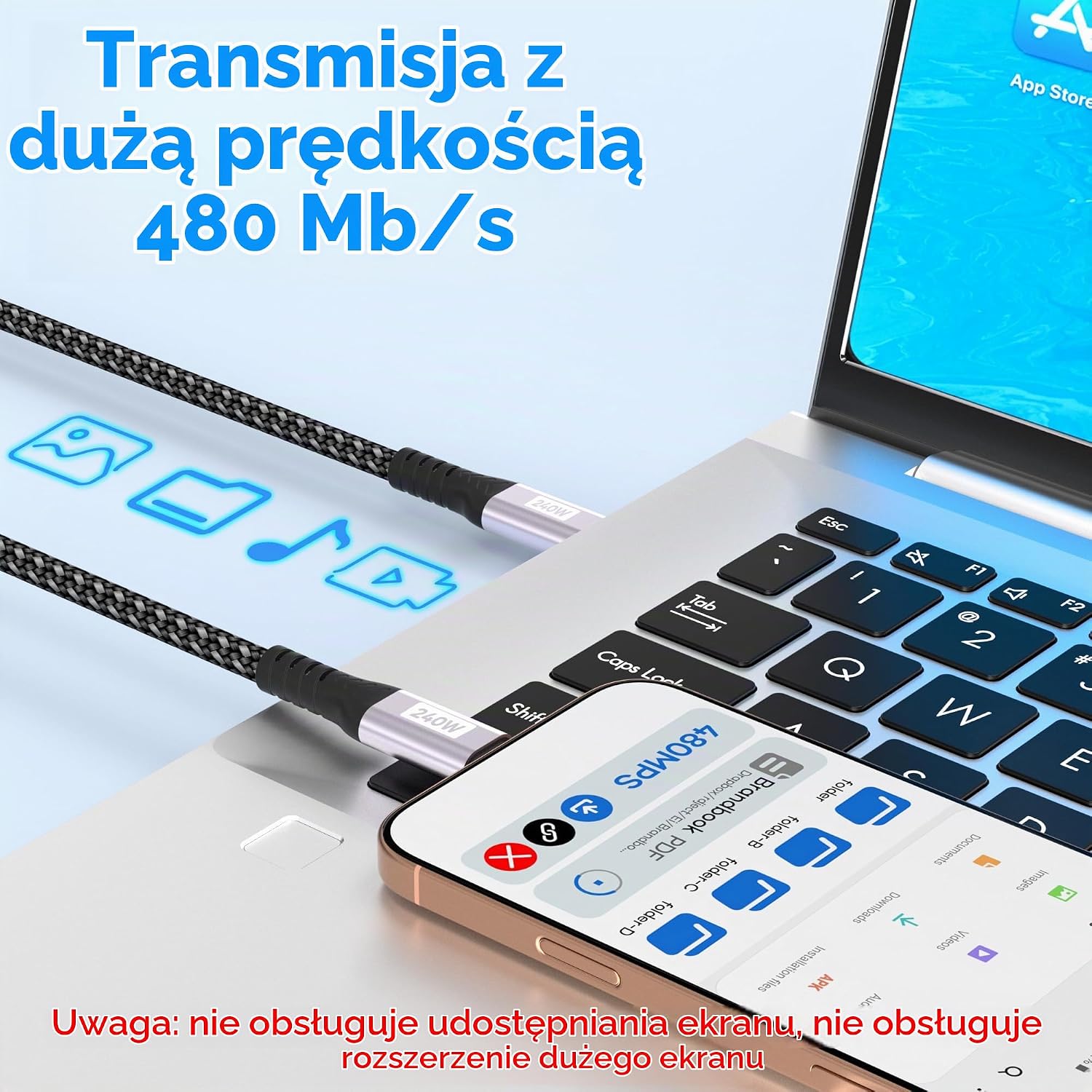 Detalle de woednx Kabel USB-C–USB-C 2 m, do 240 W, 5 A, nylonowy oplot