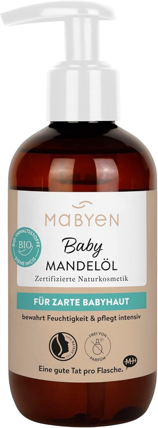 MABYEN Olio di Mandorle Bio per Bambini 200 ml – Vegano, Senza Profumo, olio da massaggio