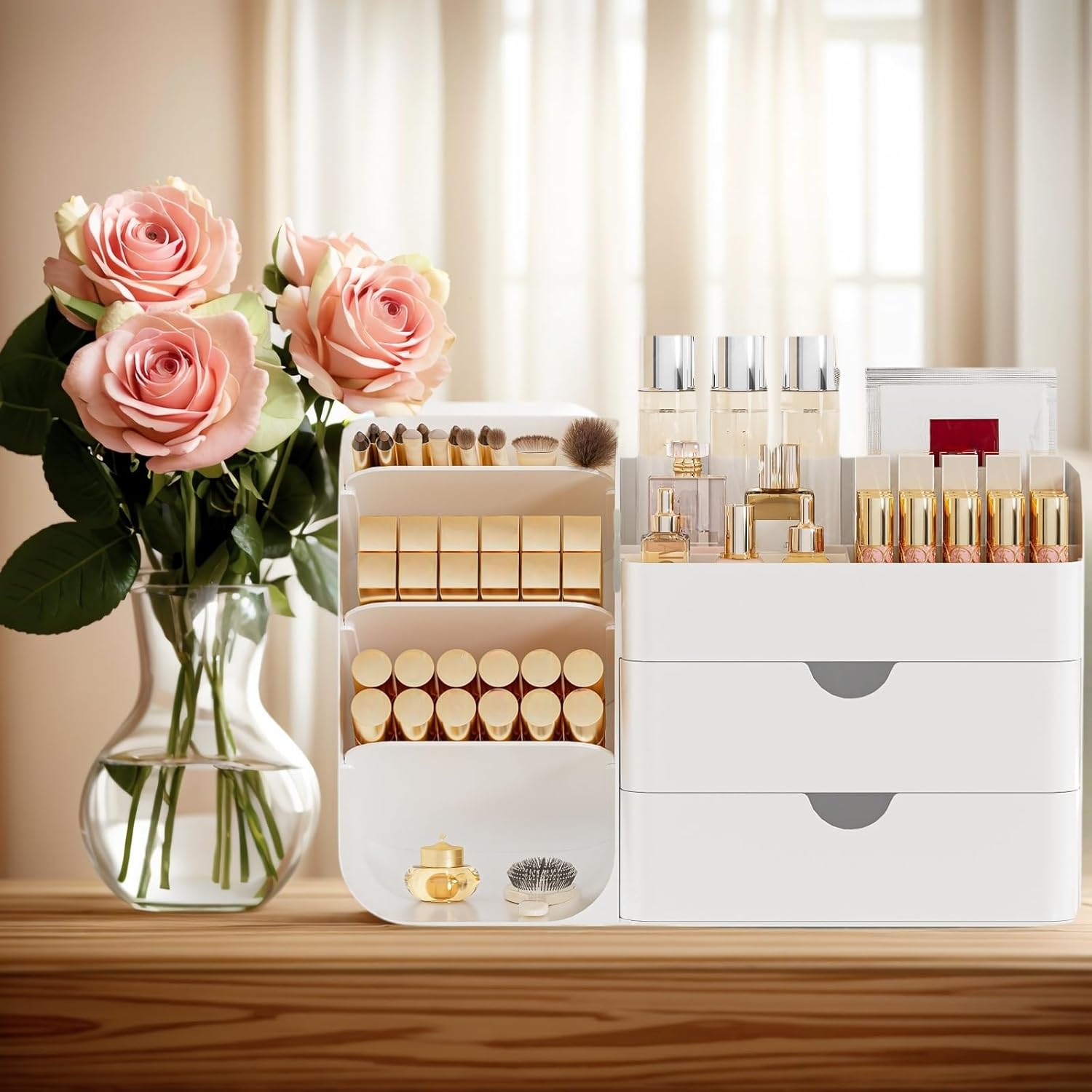 Detalle de FYABREEK Makeup Organizer with 2 M Drawers & Brush Holders (All White, M)