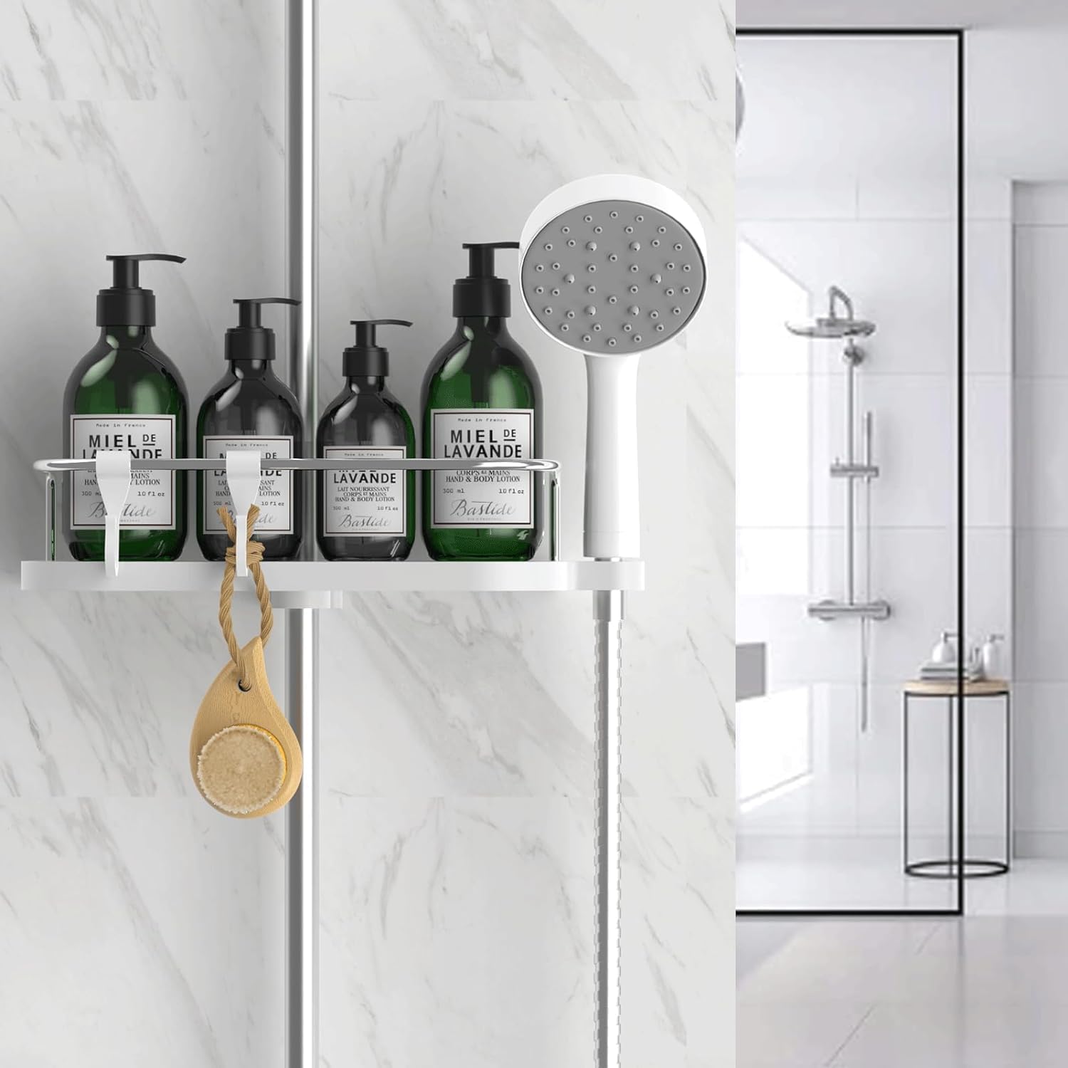 Detalle 2 de Hawsam Duschablage ohne Bohren für runde Duschstangen (18–25 mm) – höhenverstellbarer Badezimmer-Organizer