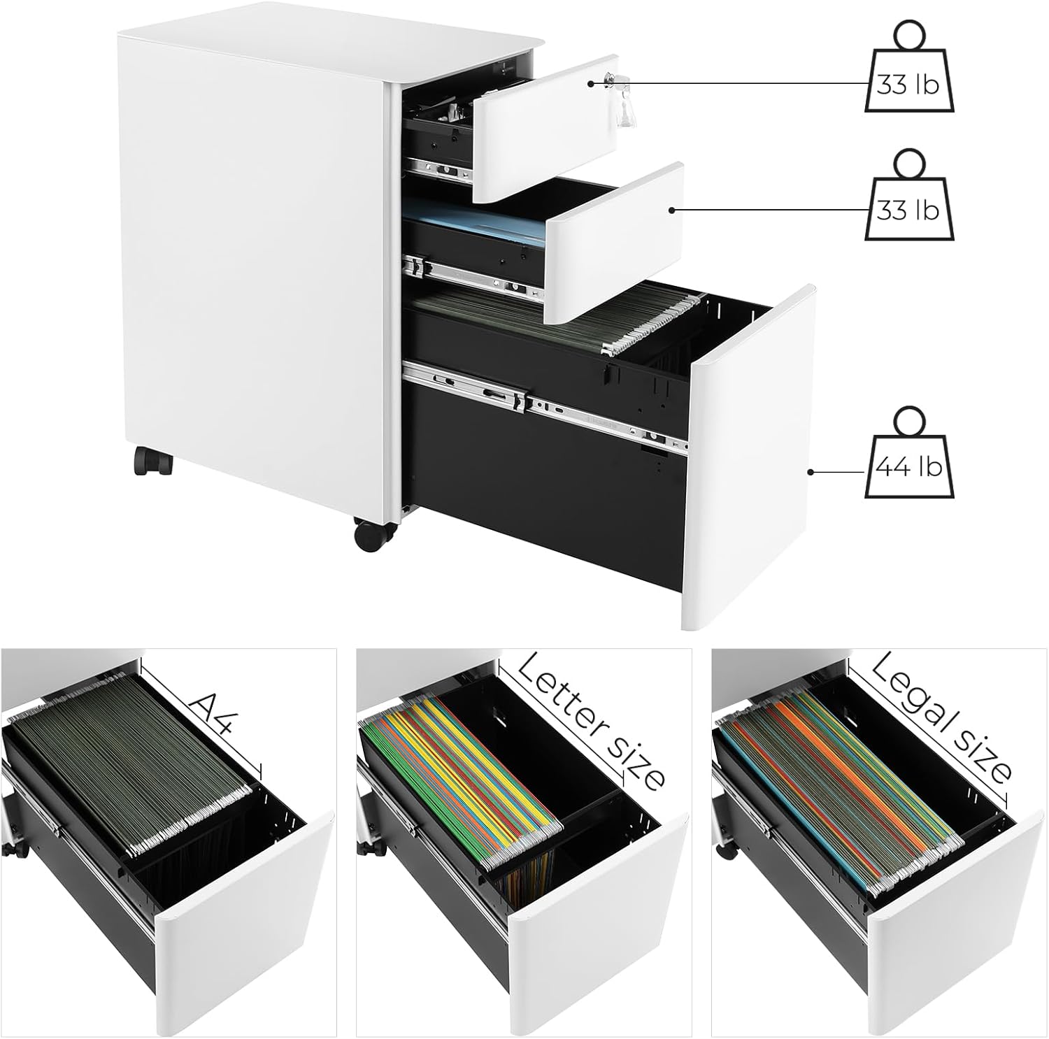 Thumbnail 5 de SONGMICS Mobile File Cabinet with Wheels and Lock (Pre-assembled) for A4/Letter/Legal — White OFC030W01