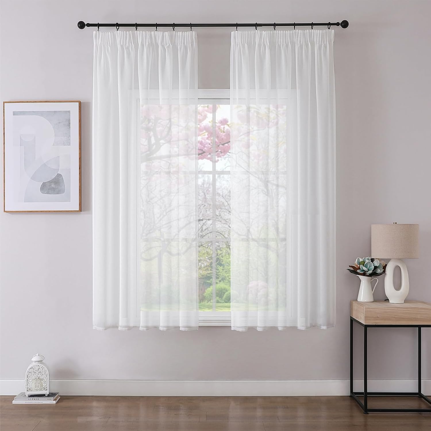 Detalle de Joydeco Lot de 2 Rideaux Voilages Blanc 140x160cm avec Galon Fronceur – NB: Crochets non inclus