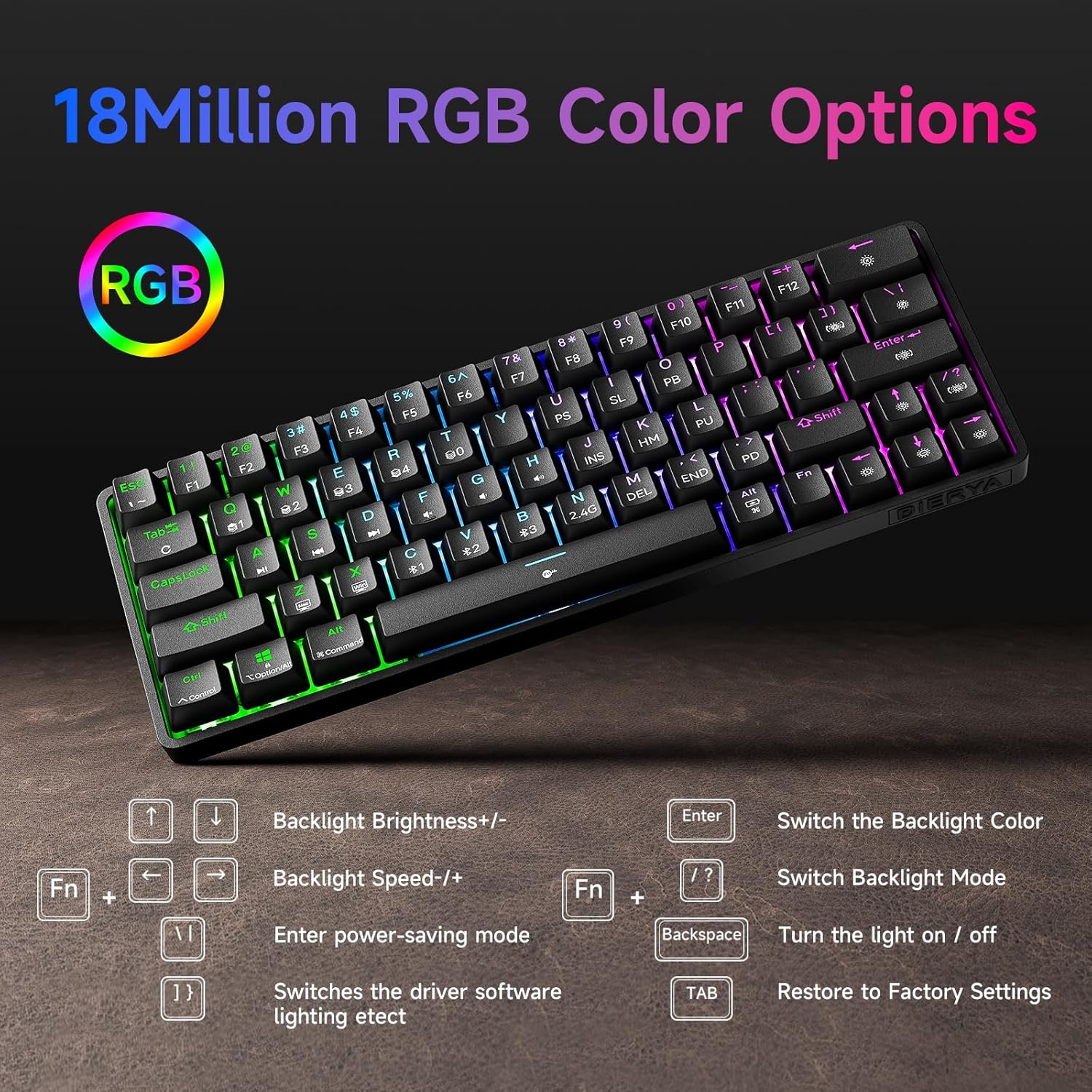 Thumbnail 4 de Dierya DK63 Clavier gamer sans fil 60% mécanique à 63 touches (Bluetooth/2,4 GHz/USB‑C) avec rétroéclairage RGB