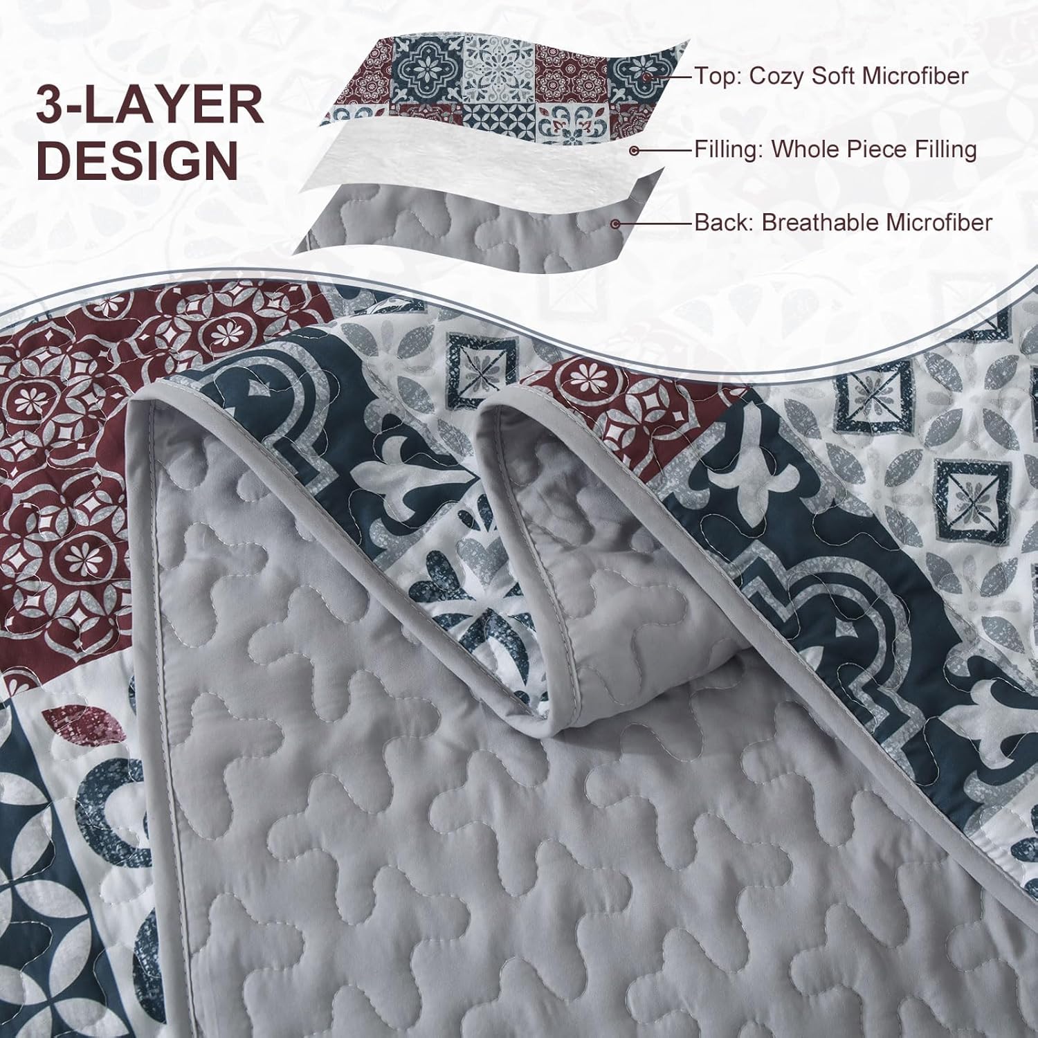 Thumbnail 6 de Dobuyly Patchwork Quilt Set Queen Size Boho Plaid Bedspread - 3 Pieces, Red Grey, Microfiber