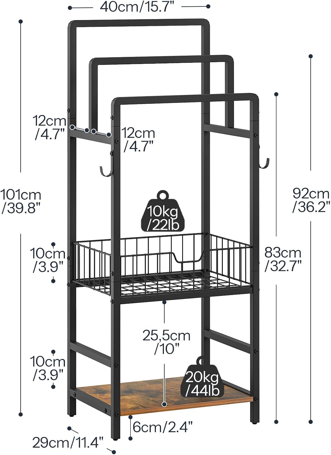 Detalle de HOOBRO BF13LB01 Towel Rack – wolnostojący wieszak z koszem, półką i 3 prętami