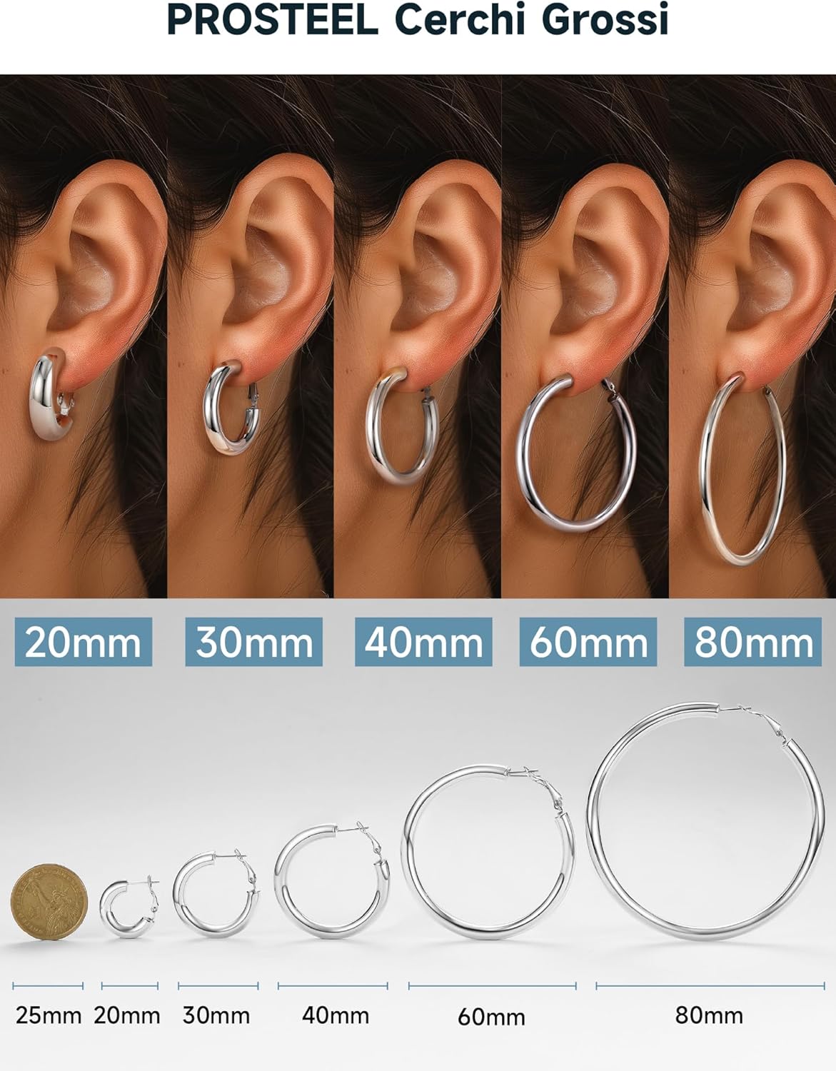 Thumbnail 3 de PROSTEEL Oversize Orecchini a Cerchio 30/40/60/80 mm in acciaio 316L – stile minimal e impilamento