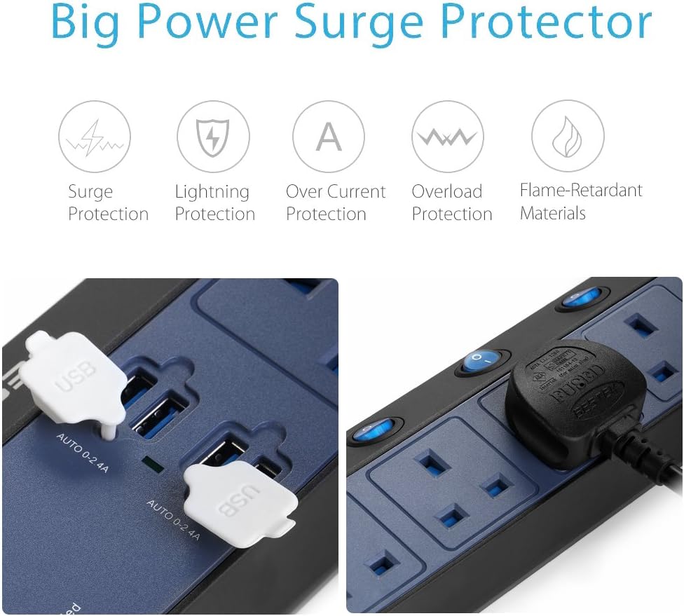 Thumbnail 2 de BESTEK 6-Way Individually Switched Extension Lead with 900J Surge Protection and 4-Port USB (5V/2.4A each) – 1.8m