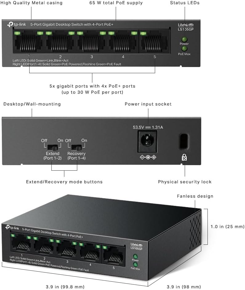 Thumbnail 5 de TP-Link LS105GP 5-Port Gigabit PoE+ Switch (4x PoE+) with 65W total power budget