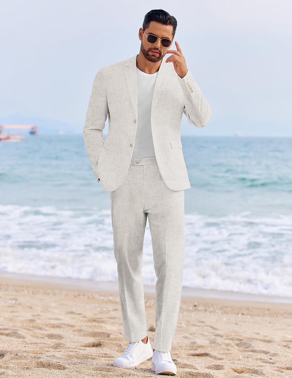 Detalle de COOFANDY Men's 2-Piece Linen-Blend Suit, Regular Fit, Lightweight Summer Set