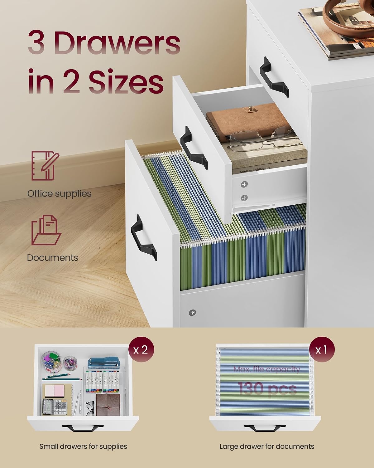 Detalle 2 de VASAGLE Mobile File Cabinet, 3 Drawers with Wheels (OFC065WB01) – Cloud White