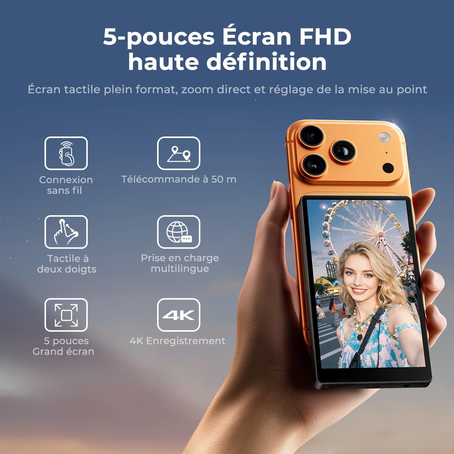 Detalle de K&F CONCEPT 5" Écran de contrôle Selfie – Magnétique sans Fil 4K/1080p pour caméra arrière