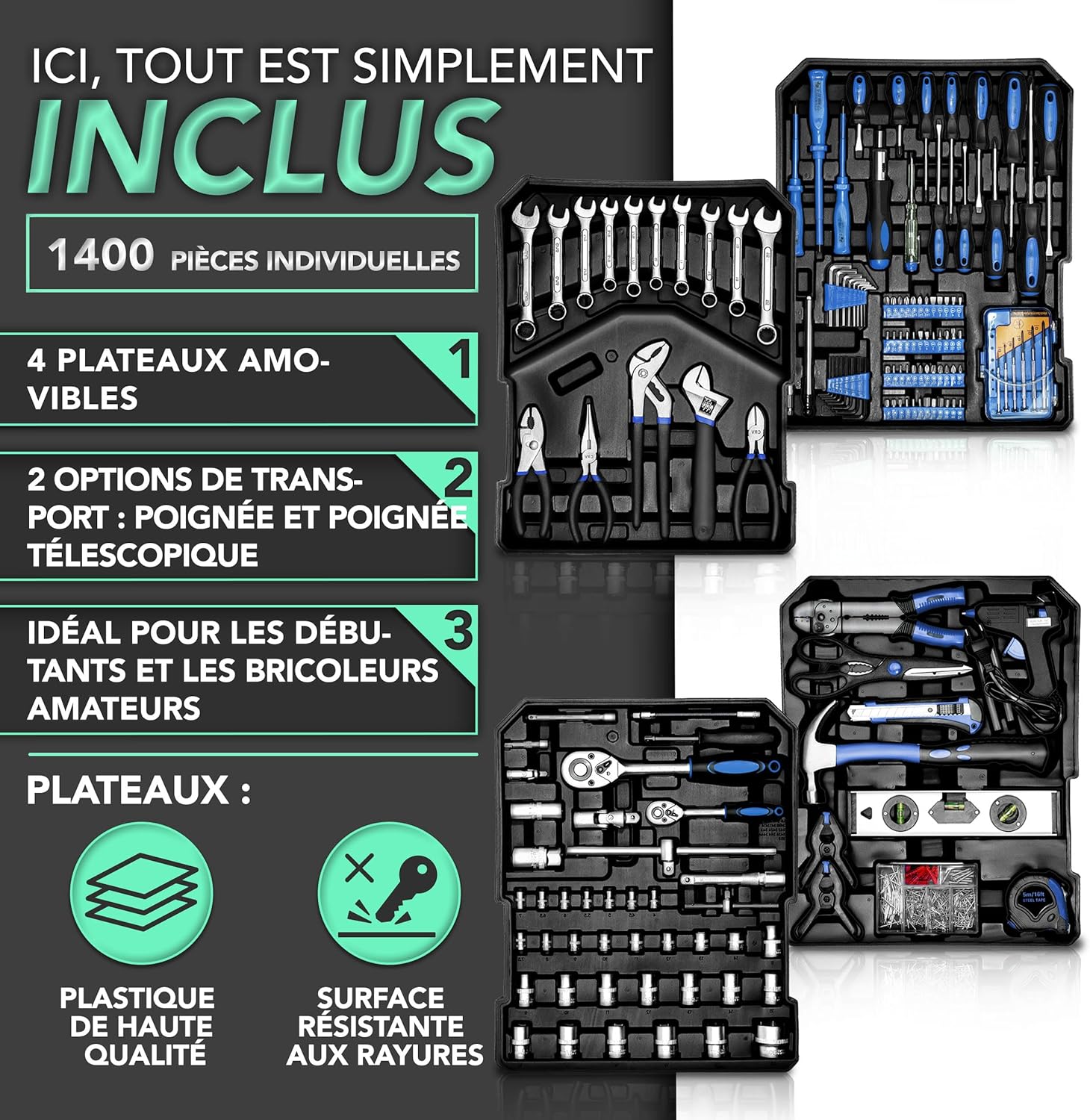 Detalle 2 de TRESKO Boîte à Outils 1400 pièces en Chrome Vanadium – Mallette aluminium et poignée télescopique (Bleu)
