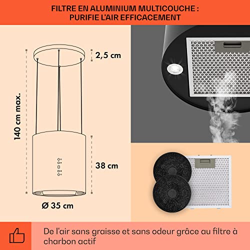 Detalle de Klarstein Hotte Ilôt Central Silencieuse et Design – 522 m³/h, 3 modes, minuterie, filtration au charbon actif